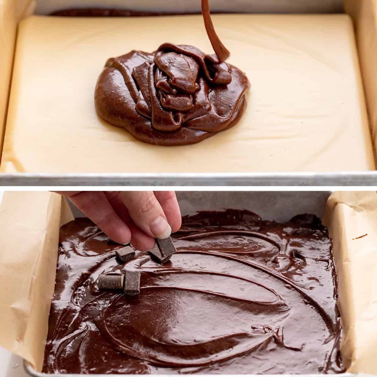 在焦糖层上加入布朗尼面糊，然后在上面加入巧克力块，制作24小时焦糖布朗尼
