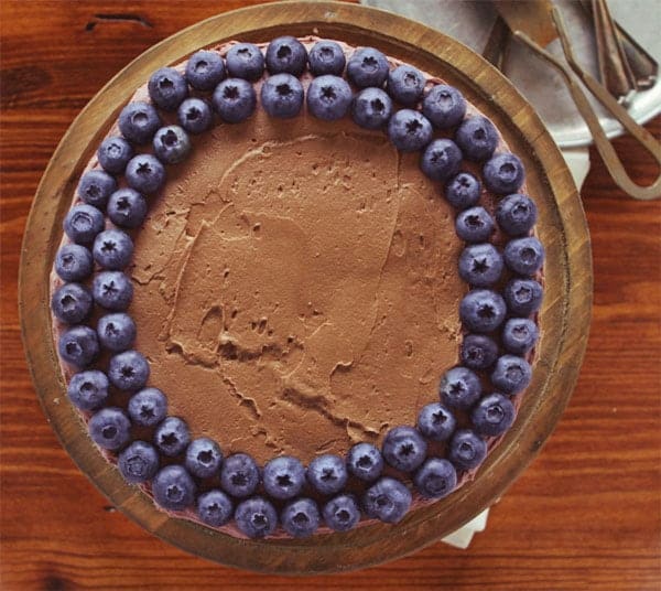 白色夏南瓜蛋糕食谱与巧克力糖霜和蓝莓排列在上面附近