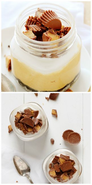 Reese's Peanut Butter Cheesecake in a Jar with Oreo crust! Reese's Peanut Butter Cheesecake in a Jar with Oreo crust!