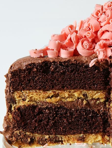 巧克力蛋糕与巧克力薄片饼干层和迷你粉色巧克力卷!