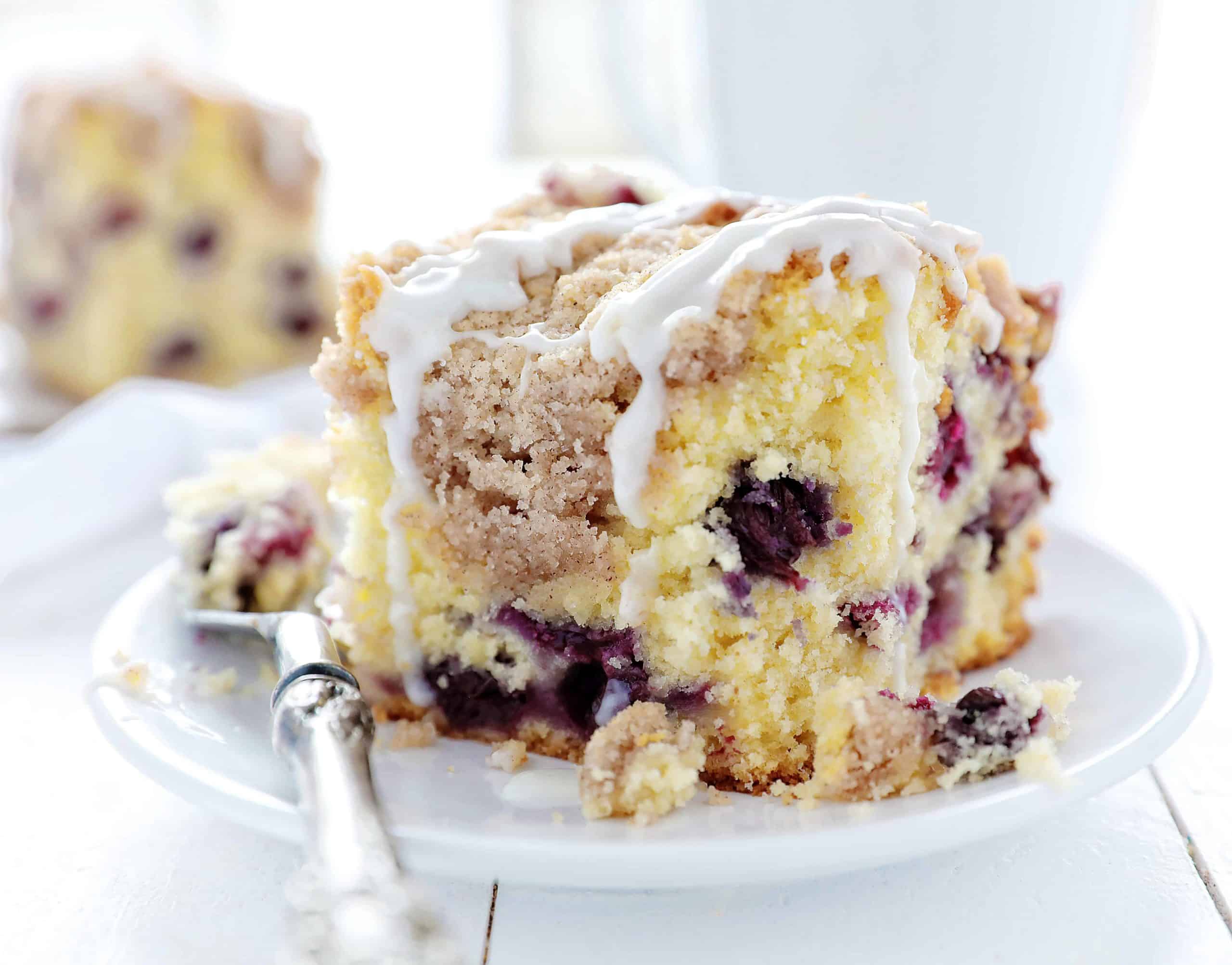 一块蓝莓咖啡蛋糕放在白盘子上