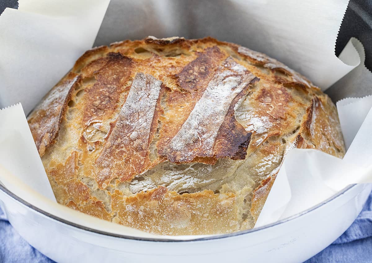 在荷兰烤箱的被烘烤的酸面团面包用羊皮纸