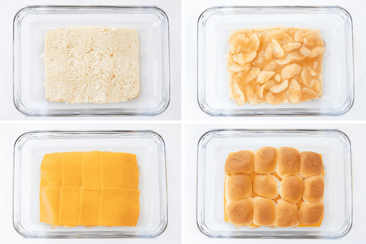 制作苹果切达干酪滑块的镜头，添加分层的浇头