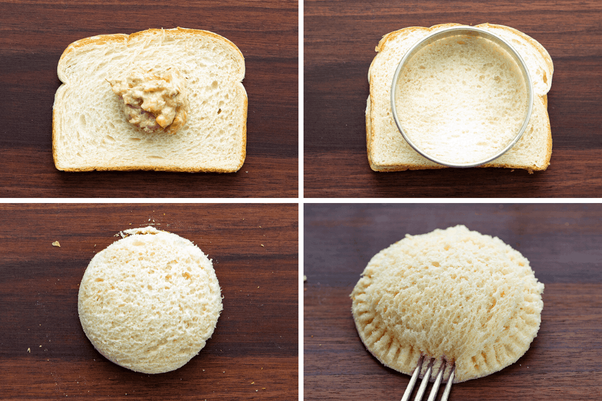 制作香蕉面包法式吐司袋的过程-面包，添加填充物，切面包，用叉子封面包