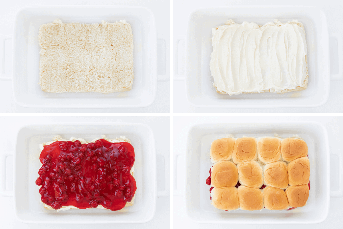 樱桃芝士蛋糕滑块-平底锅中的夏威夷面包，然后是一层奶油芝士，然后是一层樱桃派馅，最后是顶部的面包