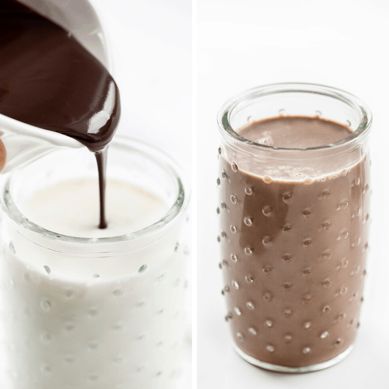 将自制的巧克力酱倒入牛奶中，制作巧克力牛奶
