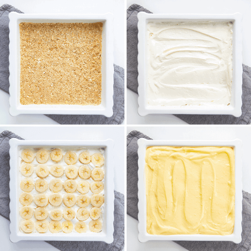 地壳，奶油芝士填充，香蕉和香草布丁的过程射击在白色烤盘