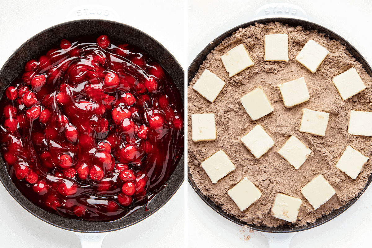 将樱桃放入烤盘，然后在蛋糕粉上涂上黄油，制作巧克力樱桃倾倒蛋糕配方