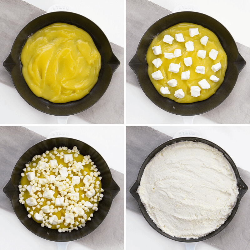 加入奶油干酪，白色巧克力芯片和蛋糕混合的加工拼贴画柠檬转储蛋糕